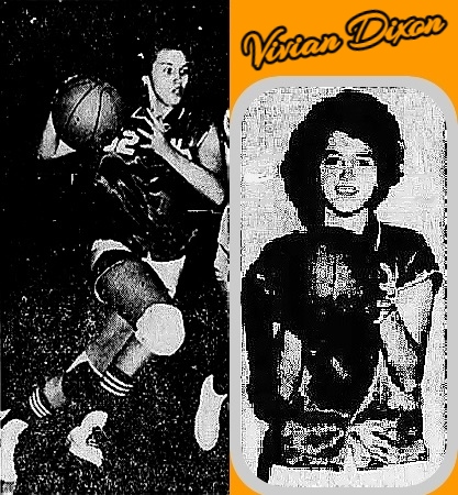 Images of Vivian Dixon, girl basketball player on the Warner Robins High School Demonettes, shown running upcourt with the ball and posing holding a basketball in front of her. TZhe action shot is from The  Macon Telegraph and News, Macn, Georgia, December 29, 1963. The portrait is from The Macon Telegraph, February 7, 1963.