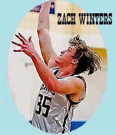 Side view of #35, Zach Winters, Fresburg High School (N.Y.) basketball star, going up for a shot to our left