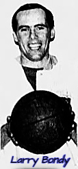 A smiling Larry Bondy, Red Deer Junior College basketball player presenting the ball. From The Red Deer Advocate, Red Deer, Alberta, Canada, February 24, 1968.