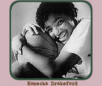 Konecka Drakeford, Providence Day School (North Carolina) girls basketball player, chin resting on basketball, resting on her knees. From The Charlotte Observer, Charlotte, N.C., November 18, 1990. Photograph by Bob Leverone.