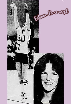 Images of girls basketball player Eileen Emmert, Tappan Zee High School (New York). High in air shooting a jump shot (number 30) to our left, and a portrait. Both images from The Journal-News, White Plains, N.Y.; shooting shot from August 3, 1988, the portrait February 21, 1981.