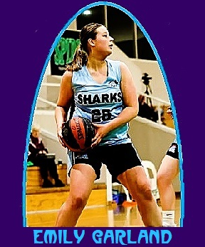 Image of girls basketball player Emily Garland, Sutherland Shark in the Waratah 1 Youth Womens BAsketball League, New South Wales, Australia. Shown looking right (our right) in blue Sharks #28 uniform, about to pass the ball.