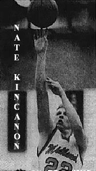 Picture of men's basketball player, Nate Kincanon, shooting a right-handed lay-up to the basket in his Midland uniform #22, for the Midland Lutheran College, from the Fremont Tribune, Fremont, Nebraska, February 9, 1995.
