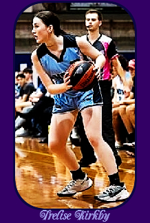 Image of basketball player Trekise Kirkby of the Port Macquarie Dolphns U-18 basketball team in the NEJL, New South Wales (Waratah Junior League), with basketball in blue uniform with wide dark blue sahes on the shoulders. From the Maquarie Port News, April 22, 2022.