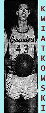 Image of Stan Kwiatkowski, Pensacola Catholic High School boys basketball player in Florida, holding basketball in front with both hands, in #43 script 'Crusaders' uniform. From the February 10, 1967 edition of The Pensacola News-Journal, Pensacola, Fla.