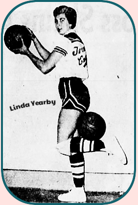 Linda Yearny, Texas Cowgirl, balancing one basketball on crooked left leg's calf, while also holding one with both hands, from the Green Bay Press-Gazette, Green Bay, Wisconsin, November 12, 1955. Titled 'On the Ball.' 'Linda, a forward who hails rom King Ranch, Texas, is a hook shot expert and rated a good ball handler.'