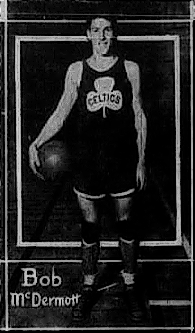 Picture of Bob McDermott holding basketball by right hip. in Celtocs shirt, CELTICS inside a clover leaf. From The Huntsville Times, Huntsville, Alabama, January 11, 1937.