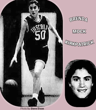 Composite of two photos. North CArolinan girls basketball player Brenda Mock Kirkpatrick, Tuscola High Scool (Waynesville), taking the ball upcourt in number 50 uniform, Photo by Steve Dixon for the Asheville Citizen-Times, Asheville, N.C., April 3, 1994, and portrait from same newspaper, April 2, 1995.