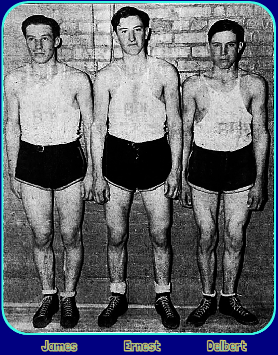 Posing standing up in uniforms reading '8th.' From left to right, James Nunn, Ernest Nunn and Delbert Nunn, the three playing for the 8th Cavalry in the Fort Bliss League. From the El Paso Herald-Post, El Paso, Texas, January 30, 1937..