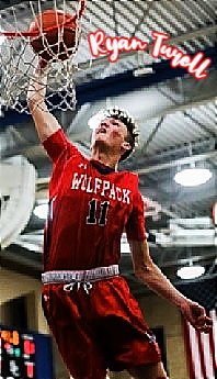 Image of Ryan Terrell, high school basketball for the Valley Torah Wolfpack team of Southern California. About to dunk the ball into the net, in red WOLFPACK uniform number 11.