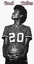 Photo of Traci Waites, #20, Rockdale County High School Georgia, shown cradling ball and looking up towards her right/ From The Atlanta Constitution, Atlanta, Ga., March 18, 1984.