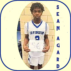 Irvington High School, New Jersey, boys basketball player Sean Agard, #2, in white uni with blue trim, posing, holding up a '56' sign after scoring 56 points in a February 16, 2023 game.