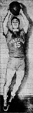 Image of Ken Alessi, Yorkville (Ohio) High School basketball player, number 15, displaying a two-handed jump shot. From The Cumberland News, Cumberland, Maryland, February 3, 1949