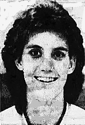Portrait sht of girl basketball player Angie Peters. From the Johnson City Press, Johnson City, Tennessee, November 19, 1987.