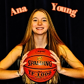 Image of West Virginian girls basketball player Ana Young, Pendleton County High School, displaying ball out front with both hands.