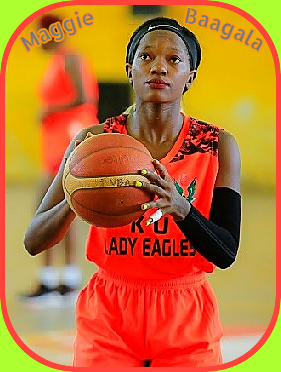 Image of Maggie Baagala, women's basketball player on the Kampala Uni team in the Ugandan National Basketball League. Shooting a foul shot in her orange uniform.