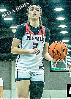 Bella Hines, New Mexico girls basketball player, on the A.A.U. Premier team, summer 2022, in uniform #2, at foul line.