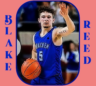 Image of boys basketball player from Kentucky, Blake Reed, Bracken County High School, in action, calling a play, in blue #5 uniform.