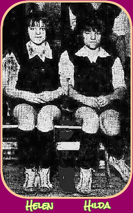 Cropped from a team photo in the Boston Evening Globe, Boston, Massachusetts, March 20, 1929. Helen (l.) and Hilda (r.), seated on bench.