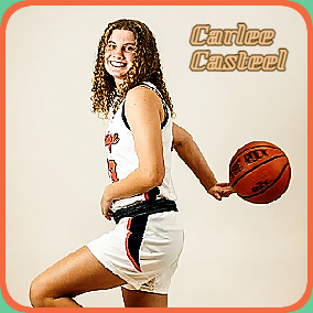 Sideview of Arkansas girls basketball player, Carlee Casteel, left knee up, right hand behind back with basketball, smiling at camera in white uniform. From the February 28, 2023 Arkansas Democrat Gazette.