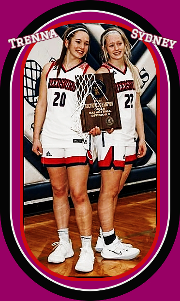 Image of Wisconsin's Cherney sisters posing with trophy plaque after their Reedsport High Beavers won the state Division 2 championship on February 27, 2021. Standing in white unis, are Trenna (left), number 20, and Sydney, #22.