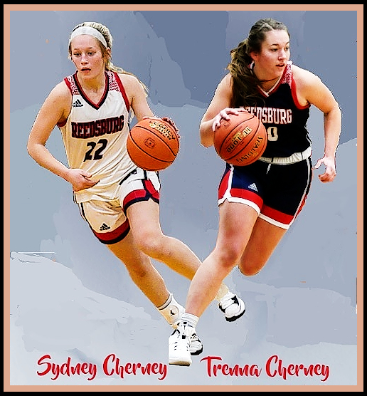 The Cherney sisters in action with their Reedsburg uniforms and basketballs. On  the left in white jersey, Sydney Cherney, #22, on the right, Trenna Cherney, #20, in black uni. (wisconsin all-stars.