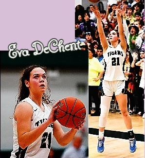Two photos of girls basketball player Eva DeChent, Putnam Valley High School. One shooting a jump shot, the other a foul shot, both in TIGERS uniform #21. The latter from the Putnam County News and Recorder, Phillipstown, New York.