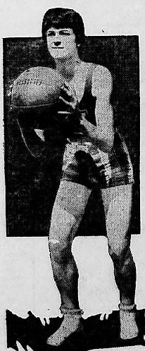 Image of Babe Didrickson, Beaumont High School (Texas) about to shoot a set shot. From the Santa Ana Register, Santa Ana, California, October 10, 1930.