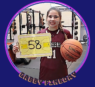 Minnesota girls basketball player Gabby Fineday, Cass Lake-Bena High School, after scoring 58 points in a single game, holding a 58 sign and a basketball, in black PANTHERS uniform #21. From the Jan. 27, 2023 The Bemidji Pioneer.