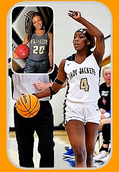 Two images of Georgian girls basketball player, Flau'jae johnson, Sprayberry High School, shown calling a play in her white LADY JACKETS jersey number 4, and a posed shot in her green SPRAYBERRY 330 UNIFORM.