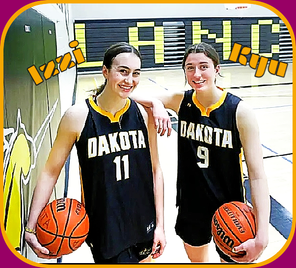 Image of the Fust Sisters of the Dakota High School Lancers in Manitoba. Wearing black uniforms with gold trimmings, both holding basketballs. On the left, number 11, Izzi Fust, on the right, number 9, Kyu Fust. (Winnipeg Free Press)