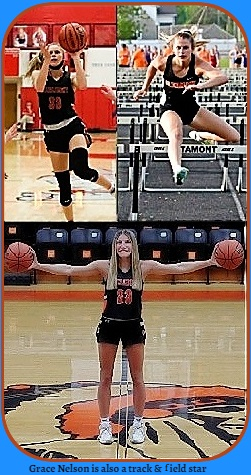 Three images of girls basketball player, Grace Nelson. Two  she is wearing her #23 red on black uniform, one going up for a shot, the other holding a basketball in each hand strched out to each side. The 3rd is her running and hurdling high hurdles as a track and Field star.