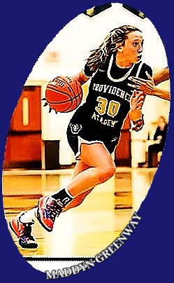 Image of Minnesota girls basketball player Maddyn Greenway, Providence Academy girls basketball team, running up court with ball, in her black uniform with white trim, number 30 (the numeral in gold.