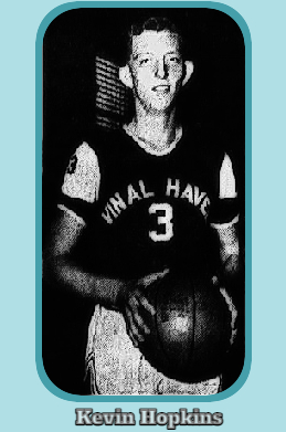 Photo of Kevin Hopkins, Vinalhaven High School in Maine, #3, holding a basketball. From the Bangor Daily News, January 27, 1967. This is the article saying he scored 55 in this game.
