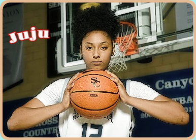 Ca;ifornian girls basketball player, Juju Watkins, Sierra Canyon High School in Chatsworth, posing with both hands on basketball below her chin, in uniform #12. Photo by Heston Quan.