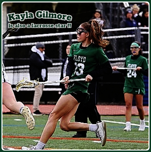 Action view, side view, of William Floyd High School (New York) in a lacrosse game in her #13 green uniform.