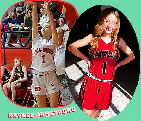Texan girl basketball player, Kaylei Armstrong, Hull-Daisetta High School, shown shooting in a white #1 uniform and posing in a red LADY CATS jersey. Five foot-one inch sophomore in 2021-22 season when she scored 71 points.