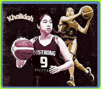 Two images of Malaysian women's basketball player Khalidah, #9 on the Gostrong team in thee National Community Basketball League.