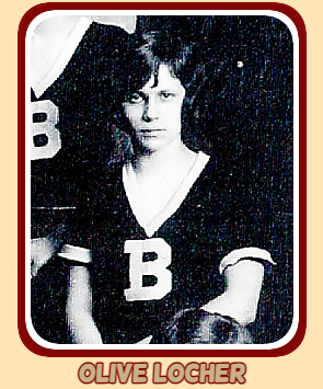 Image of Ohio girls basketball player,, cropped from 1925-26 team photo, of Olive Locher, Bluffton High School (Allen County Class B). She was a junior in 1926.