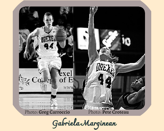 Two photographs of Gabriela Marginean, Drexel University, in her white #44 uniform. Coming downcourt towards us, photograph by Greg Carroccio, from the Philadelphia Daily News, November 8, 2007, & going up for a rebound, photo by Pete Croteau, from The Atlanta Journal-Constitution, Atlanta, Georgia, February 24, 2007.