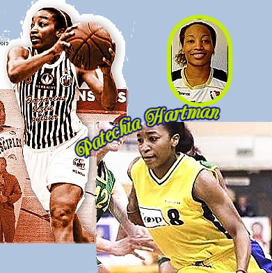 Three pictures of W.U.B.A. player, Patechia Hartman, GIE Lady Disciples, running upcourt in uniform #8;a black and white action shot in a vertical striped jersey, and a portrait image..