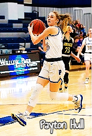 Image of Texan girls basketball player Payton Hull, in white uniform, going up for a layup for Peaster High School Greyhounds.