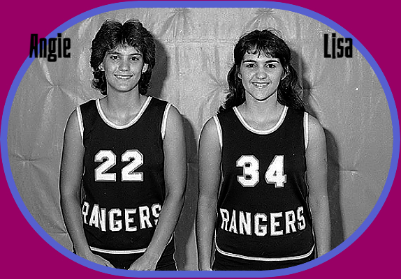 Photo of the Peters sisters, Angie, number 22, and Lisa, number 34, Unaka High School Rangers, Elizabethtown, Tennessee.