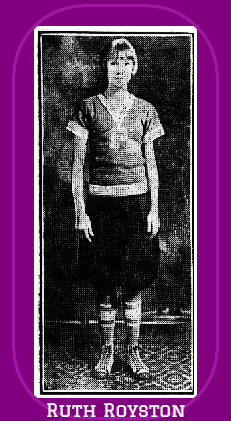 Full length portrait of Ruth Royston, Pattonsburg High School girls basketball player, in uniform with long skirt and a large P on her jersey. Pattonsburg is in Missouri. She scored  84 points in one basketball game in the 1925-26 season. From the Brooklyn Daily Times, Brooklyn, New York, January 11, 1926.