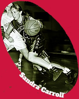 Black and WQhite photo of University of Winnipeg women's basketball player heading upcourt with ball in her #4 uniform in 1994.