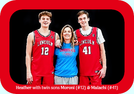 Photo of Heather Seely-Roberts, coach of the Lincoln High School boys basketball team in Portland, Oregon, standing with her twin sons, Moroni (number 12) and Malachi (number 41). Photo by Sarah Quist.