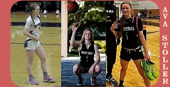 Three images of Floridian girls basketball player Ava Stoller, St. Petersburg High School in her #1 uniforms; in pigtails looking to our right, squatting tossing up a basketball in her black GREEN DEVILS uniform, on the right is her facing the camera holding her shoes. 