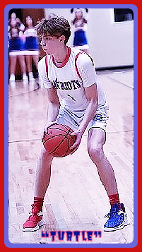 Image of boys basketball player, Quinn (Turtle) Kwasniak, Cornerstone ChristiaN High School, on court in PATRIOTS #1 uniform, looking to make a play.