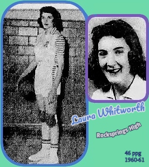 Pictures of Laura Whitworth, Roock Springs High School girls basketball in the state of Texas, who, in the 1960-61 season, scored 46 points per game. Shot posing with ball from the San Angelo Standard-Times, January 22, 1961 and portrait from same newspaper from San Angelo, Texas, February 16, 1961.