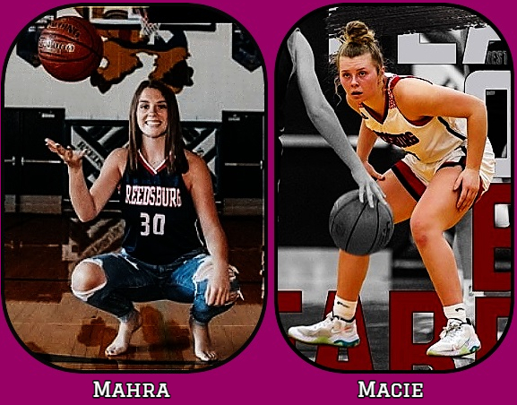 Images of twin sisters, Mahra (l.) and Macie (r.) Wieman, Reedsburg High Beavers basketball players in Wisconsin. Mahra is in a black uniform jersey, barefoot, with blue jeans with holes in the knees, squatting and with the ball in the air in which her right hand is up, palm ready to catch it; Macie is shown in white uniform, on defense, guarding a player with the ball.